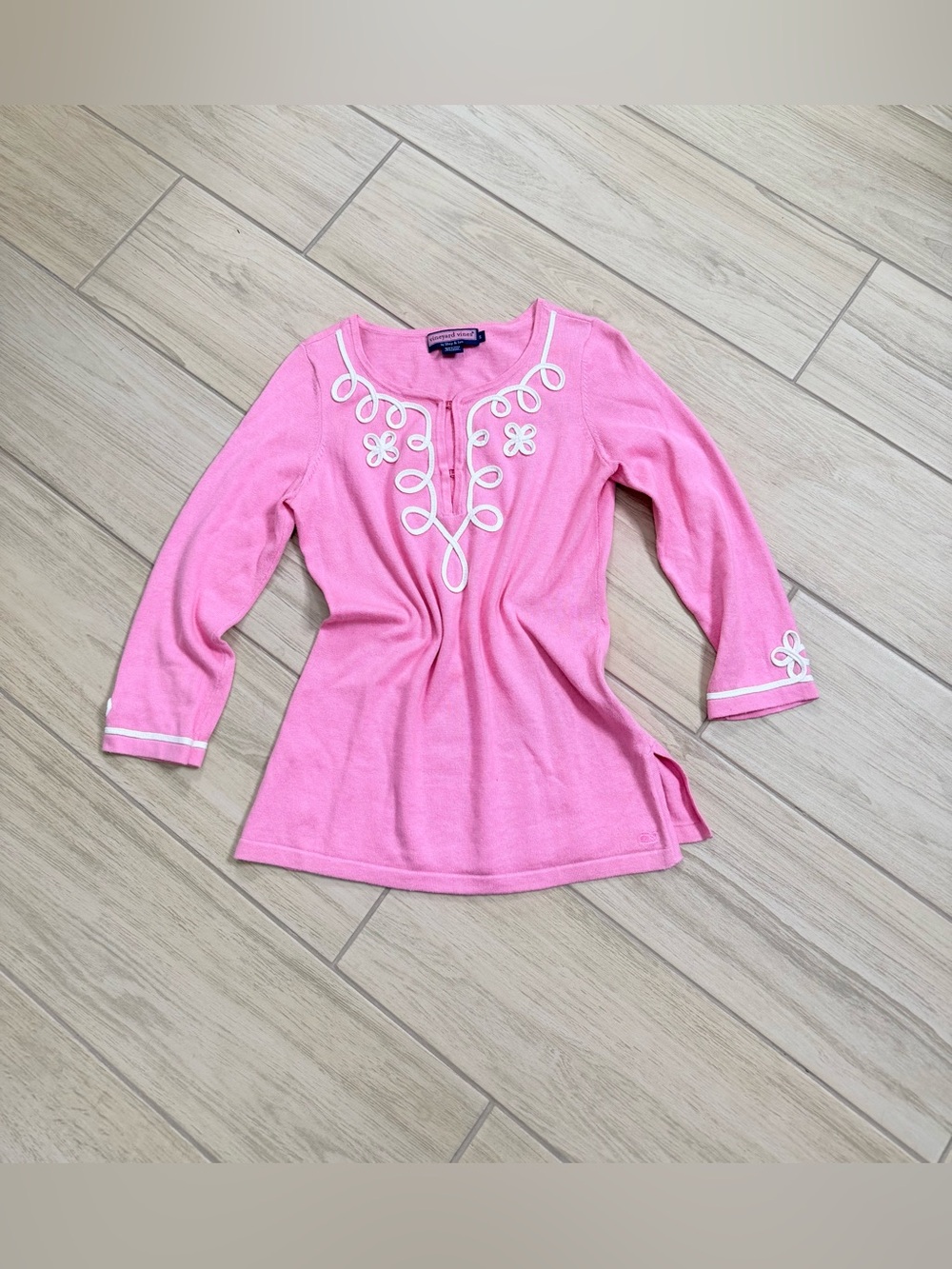Vineyard Vines Pink Embroidered Cotton Tunic Dress Split Neck Top Size S
